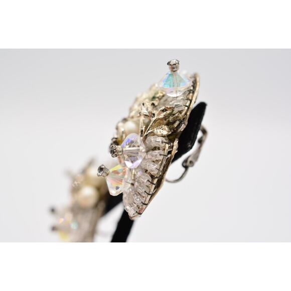 Vintage Clip Earrings Rhinestone Crystal AB Cluster Pearl Chunky 1980s BinAK - Picture 10 of 12